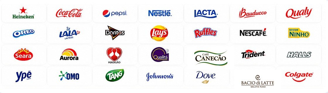 Marcas disponíveis: Heineken, Coca-Cola, Pepsi, Nestlé, Lacta, Bauducco, Qualy, Oreo, Lala, Doritos, Lay's, Ruffles, Nescafé, Ninho, Seara, Aurora, Perdigão, Qualitá, Café Canecão, Trident, Halls, Ypê, Omo, Tang, Johnson's, Dove, Bacio di Latte e Colgate